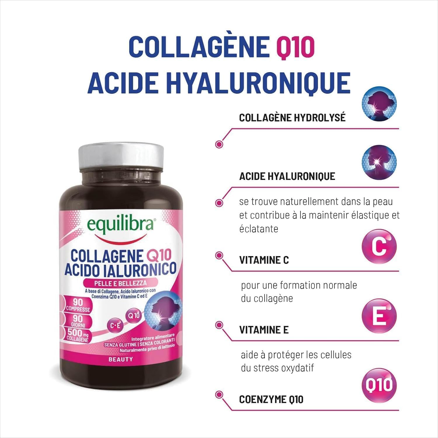 Equilibra, Collagène Q10 Acide Hyaluronique, Bien-être et Beauté de la Peau, à Base de Collagène Hydrolysé, Acide Hyaluronique, Coenzyme Q10, Vitamines C et E, 90 Comprimés