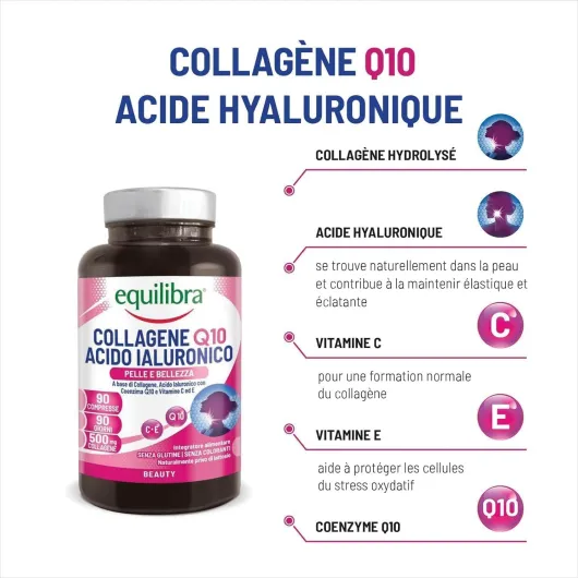 Equilibra, Collagène Q10 Acide Hyaluronique, Bien-être et Beauté de la Peau, à Base de Collagène Hydrolysé, Acide Hyaluronique, Coenzyme Q10, Vitamines C et E, 90 Comprimés