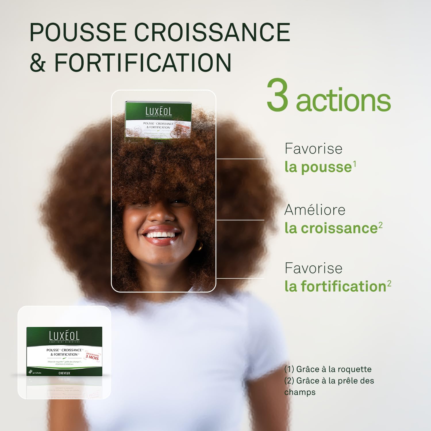 LUXÉOL - Pousse Croissance & Fortification - Complément Alimentaire - Roquette, Prêle Des Champs, Zinc, Cuivre, Sélénium, Vitamine B8 & B6 - Fabriqué En France - Programme 3 Mois - 90 Gélules 1 Boîte - 3 mois
