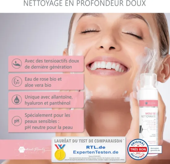 Mousse Nettoyante 200 ml avec Acide Hyaluronique, Eau de Rose Bio, Aloe Vera Bio – Nettoyage en profondeur des pores avec le nettoyant visage vegan et démaquillant avec Allantoïne et Panthénol