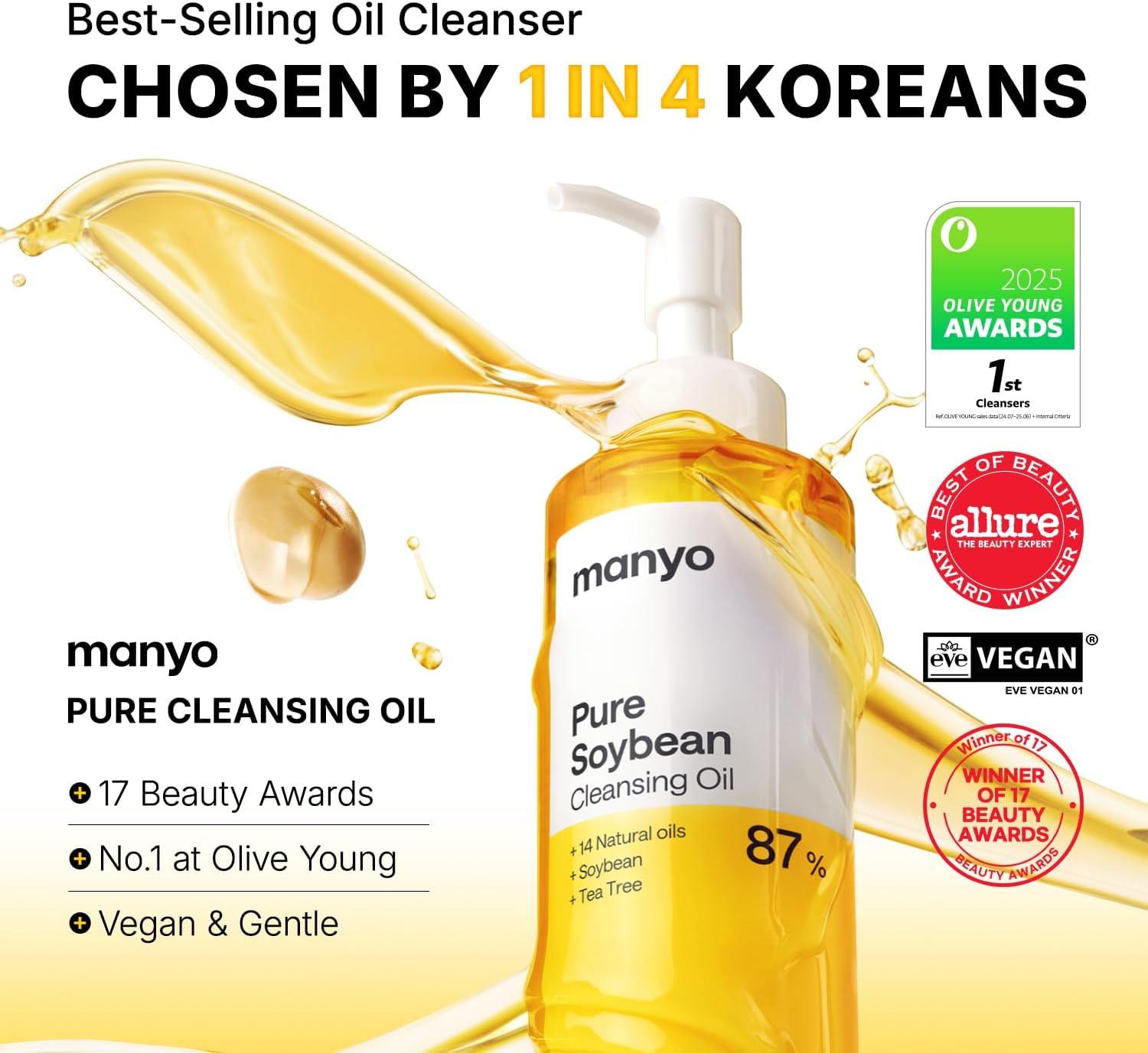 MA:NYO Huile démaquillante pure nettoyant visage coréen, Fonte des points noirs, démaquillage quotidien à l'huile d'argan, pour les soins de la peau coréenne des femmes 6.7 fl oz Jaune