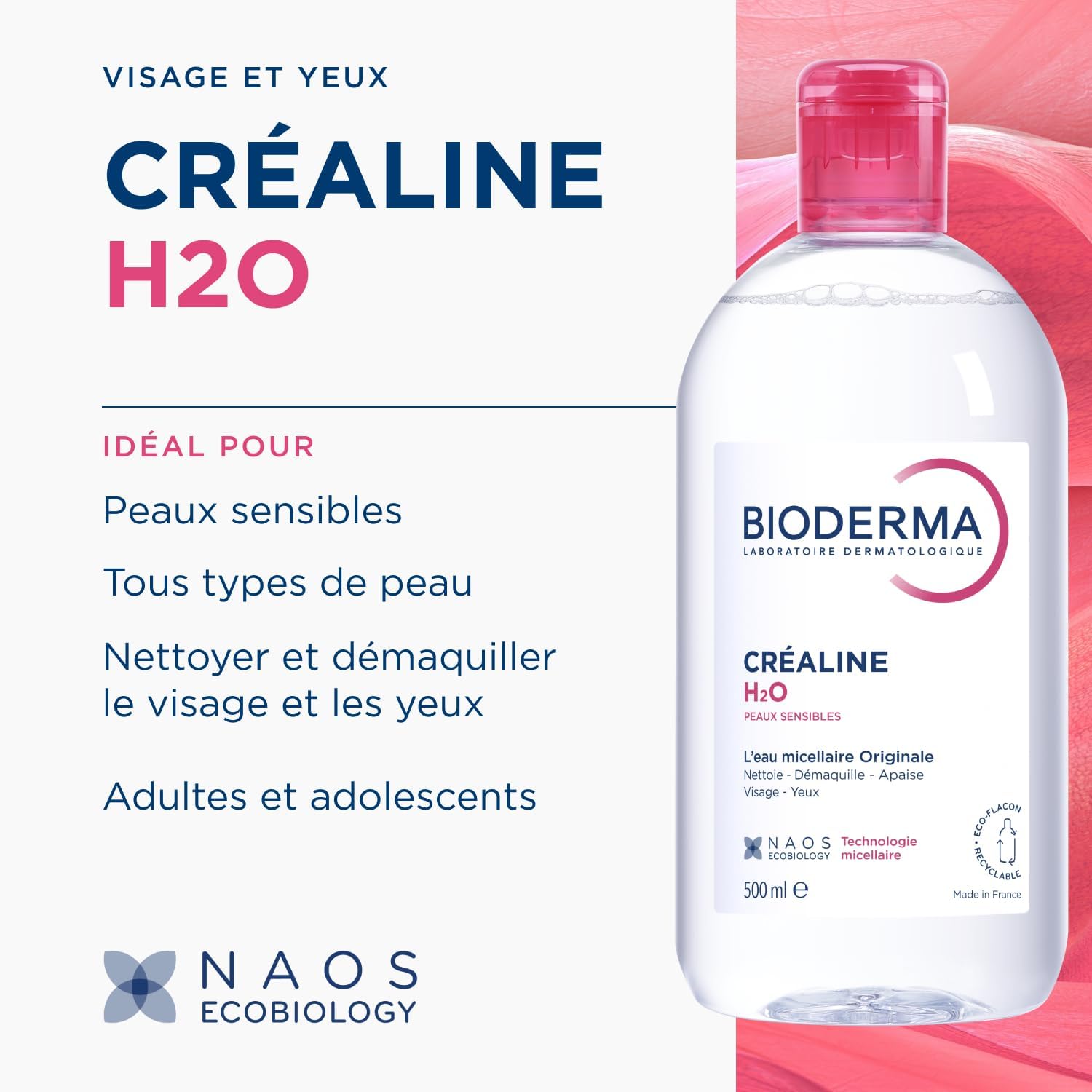 BIODERMA Créaline H2O - L’eau micellaire originale, nettoyante et démaquillante - Élimine le maquillage, le pollen et les résidus de pollution - Peaux sensibles - Flacon 500 ml