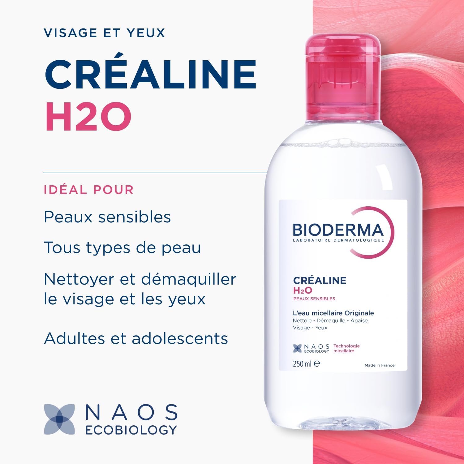 BIODERMA Créaline H2O - L’eau micellaire originale, nettoyante et démaquillante - Élimine le maquillage, le pollen et les résidus de pollution - Peaux sensibles - Flacon 250 ml