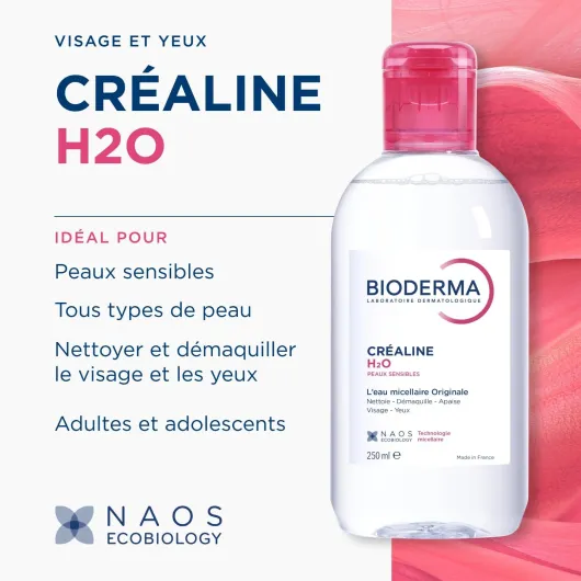 BIODERMA Créaline H2O - L’eau micellaire originale, nettoyante et démaquillante - Élimine le maquillage, le pollen et les résidus de pollution - Peaux sensibles - Flacon 250 ml