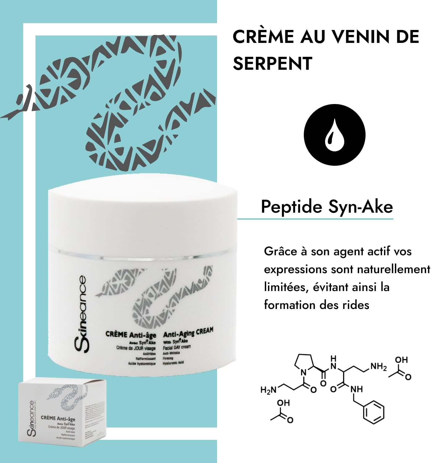Crème de Jour aux peptides de Venin de Serpent 2x50ml – N°1 France TV - Crème Anti-Rides Visage - Effet Lissant & Raffermissant - Soin Hydratant Quotidien - Formules Contrôlées Lot de 2 Crème Jour