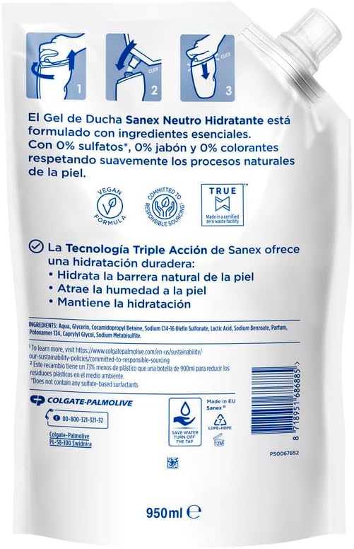 Sanex Gel Douche Recharge Gel Hydratant Neutre 10x900ml - avec ingrédients essentiels - 0% Sulfates*, 0% Savon et 0% Colorants - Gel de Bain pour tous les types de peau -