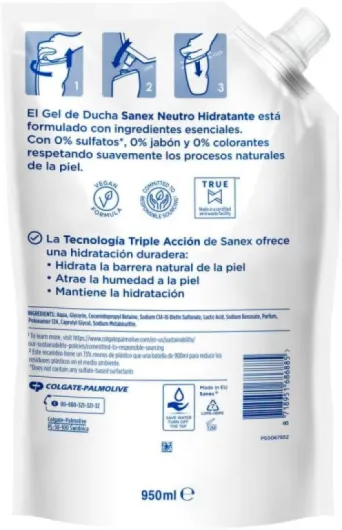 Sanex Gel Douche Recharge Gel Hydratant Neutre 10x900ml - avec ingrédients essentiels - 0% Sulfates*, 0% Savon et 0% Colorants - Gel de Bain pour tous les types de peau -