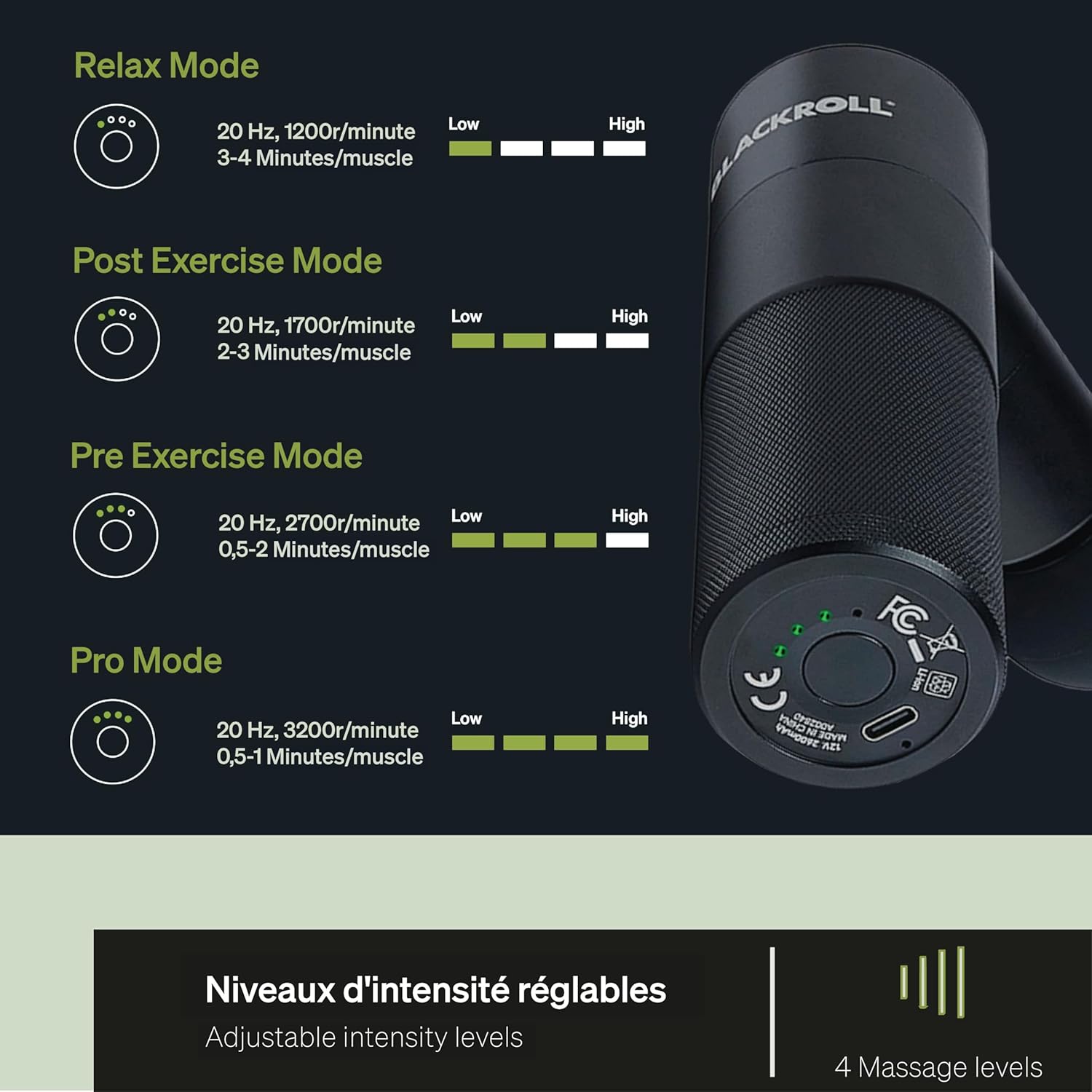 Pistolet de massage BLACKROLL® FASCIA GUN - masseur pour les muscles et les fascias - niveaux d'intensité réglables pour le massage du dos, des épaules, du cou et des jambes Noir