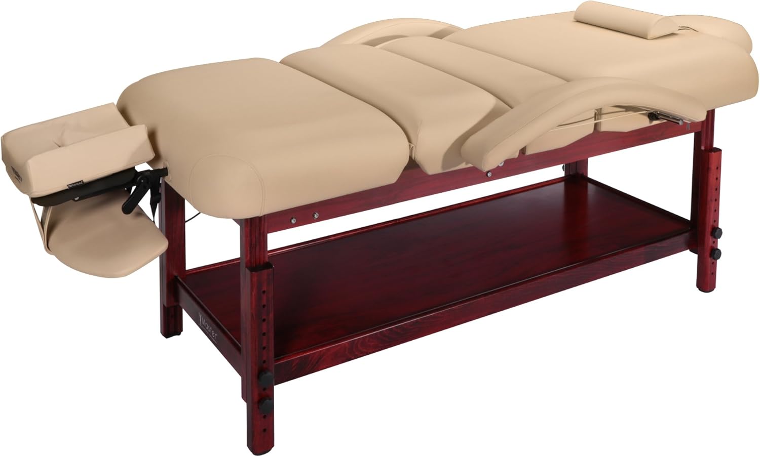 Master Massage Claudia Table de massage stationnaire 76 cm avec dossier inclinable pneumatique et repose-pieds Crème MC avec pieds en acajou