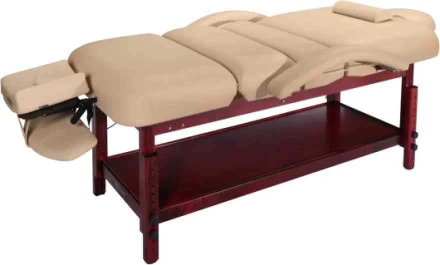 Master Massage Claudia Table de massage stationnaire 76 cm avec dossier inclinable pneumatique et repose-pieds Crème MC avec pieds en acajou