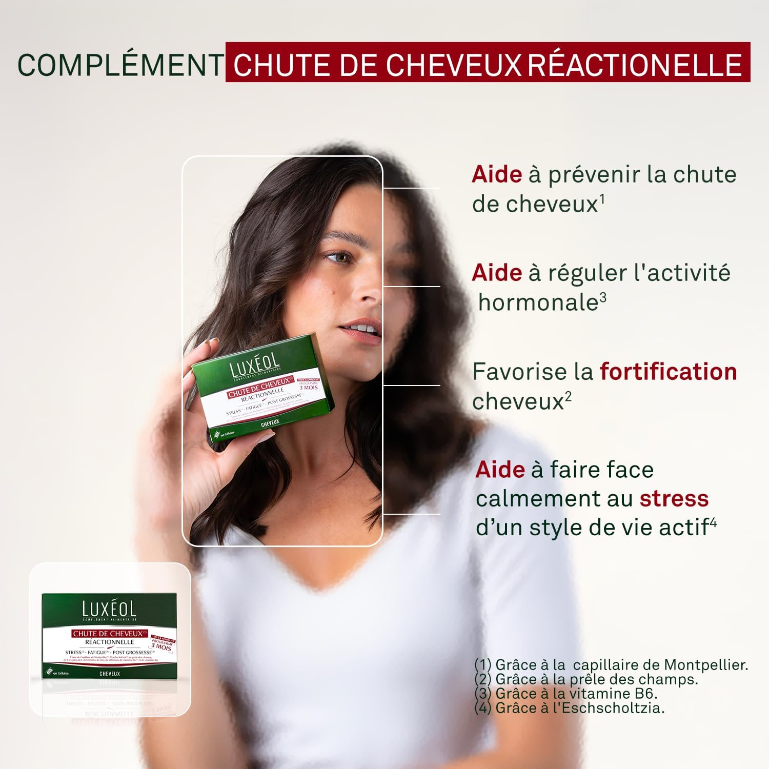 LUXÉOL - Chute De Cheveux Réactionnelle - Aide À Prévenir Chute De Cheveux Passagère - Stress, Fatigue, Post-Grossesse - Capillaire De Montpellier - Fabriqué En France - Programme 3 Mois - 90 Gélules Blanc 3 mois