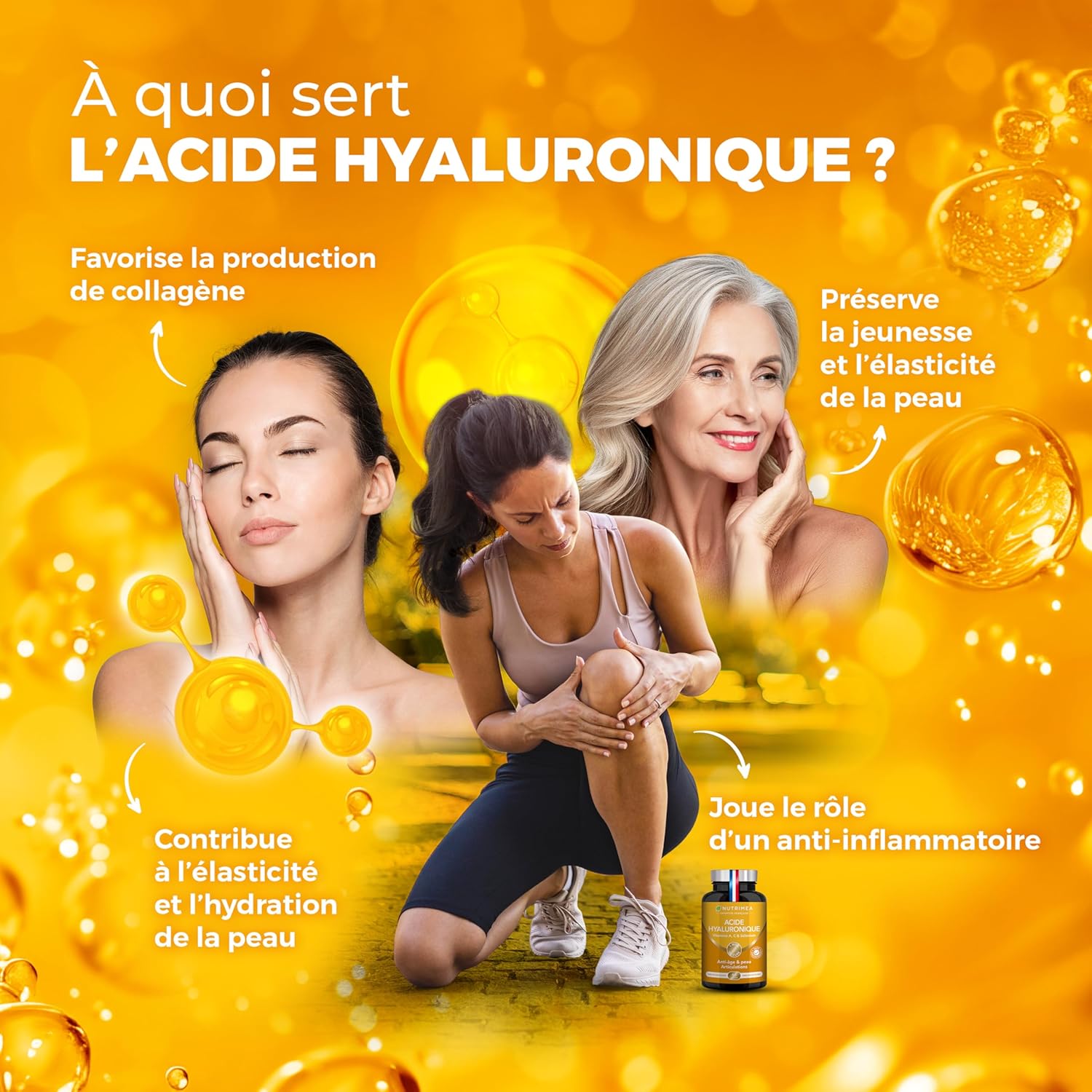 ACIDE HYALURONIQUE - Avec Collagène Marin - 100% Pur - Riche en Vitamines A & C - Anti Rides, Anti Age & Articulations - Agit en Profondeur - 60 Gélules Vegan - Nutrimea - Fabriqué en France Pilulier 60 unité (Lot de 1)