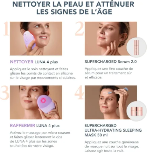 Set FOREO Firm & Clean - Brosse nettoyage visage LUNA 4 plus + SUPERCHARGED SERUM 2.0 30 ml + Masque de nuit 75 ml - Luminothérapie infrarouge proche - Appareil micro-courant visage