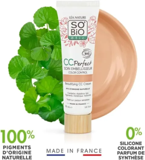 LÉA NATURE SO BiO étic- CC Crème Color Control certifiée Bio - Perfect - Clair - Soin embellisseur - Anti-rougeurs, Anti-fatigue -Centella asiatica bio - Vegan - Made in France - Lot de 2x30 ml