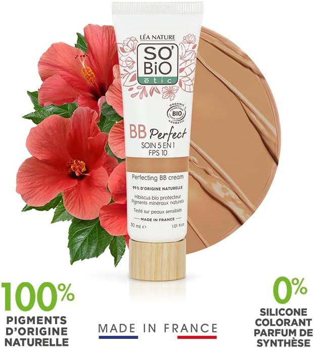 LÉA NATURE SO BiO étic- BB Crème 5 en 1 certifiée Bio - Perfect - Médium - Hydrate – Unifie – Lisse – Protège la peau - Hydrolat d'hibiscus bio - SPF 10 - Vegan - Made in France- Lot de 2x30 ml
