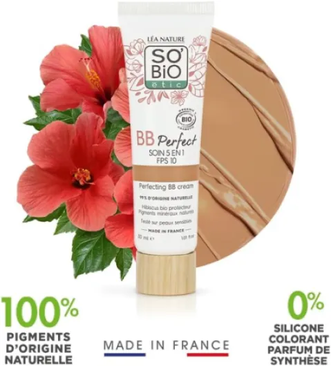 LÉA NATURE SO BiO étic- BB Crème 5 en 1 certifiée Bio - Perfect - Médium - Hydrate – Unifie – Lisse – Protège la peau - Hydrolat d'hibiscus bio - SPF 10 - Vegan - Made in France- Lot de 2x30 ml