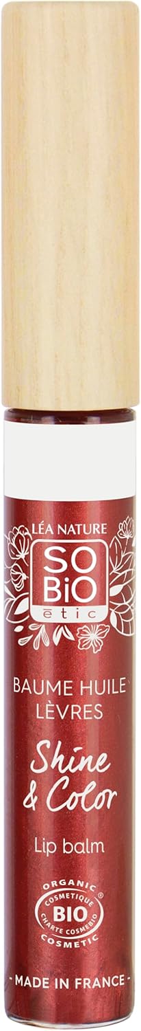 LÉA NATURE SO BiO étic- Baume huile à lèvres certifié bio – Shine&Color - Rouge corail - Lèvres nourries & brillantes - Texture non-collante - Synergie d'huiles végétales- Vegan-Made in France - 5 ml