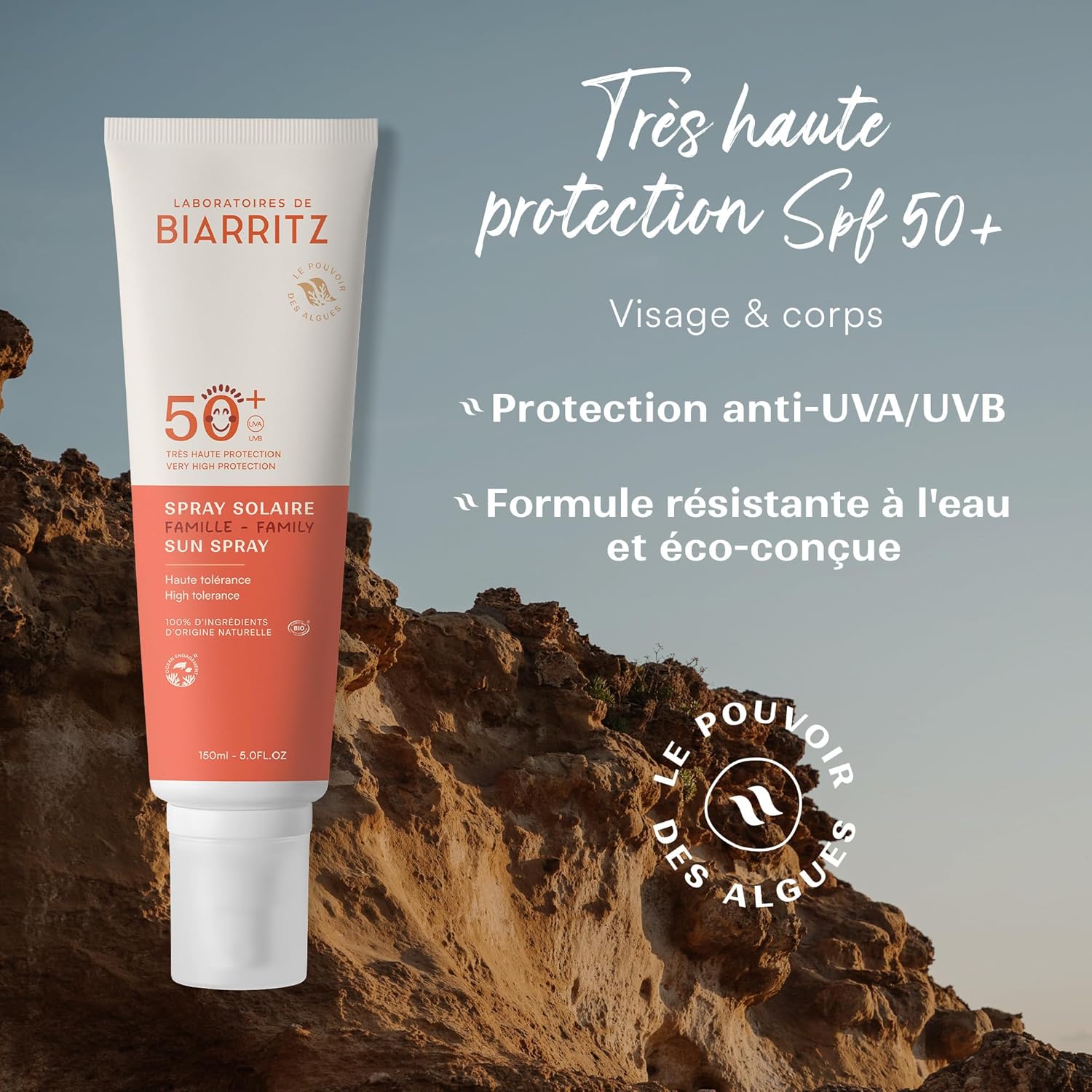 Laboratoires de Biarritz - Crème Solaire en Spray - SPF50+ - Certifiée Bio - Visage et Corps - Bébé, Enfant et Adulte - Texture Fluide, Légère - Format Familial 150 ml - Fabriqué en France SPF50+ (nouvelle version) 150 ml (Lot de 1)