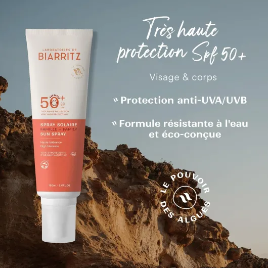 Laboratoires de Biarritz - Crème Solaire en Spray - SPF50+ - Certifiée Bio - Visage et Corps - Bébé, Enfant et Adulte - Texture Fluide, Légère - Format Familial 150 ml - Fabriqué en France SPF50+ (nouvelle version) 150 ml (Lot de 1)
