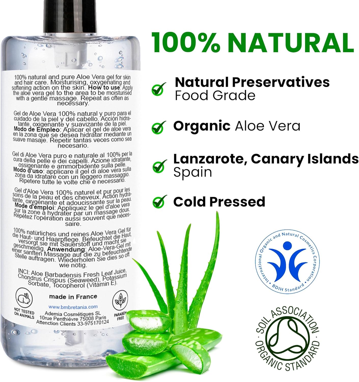 Gel d'Aloe Vera 100% Naturel, Raffermissant Corps, Anti Rides Visage, Hydratant Peau et Cheveux, Apaisant et Réparateur Cheveux (Après Soleil, Après le Rasage et l'épilation) - 3 x 200 ml