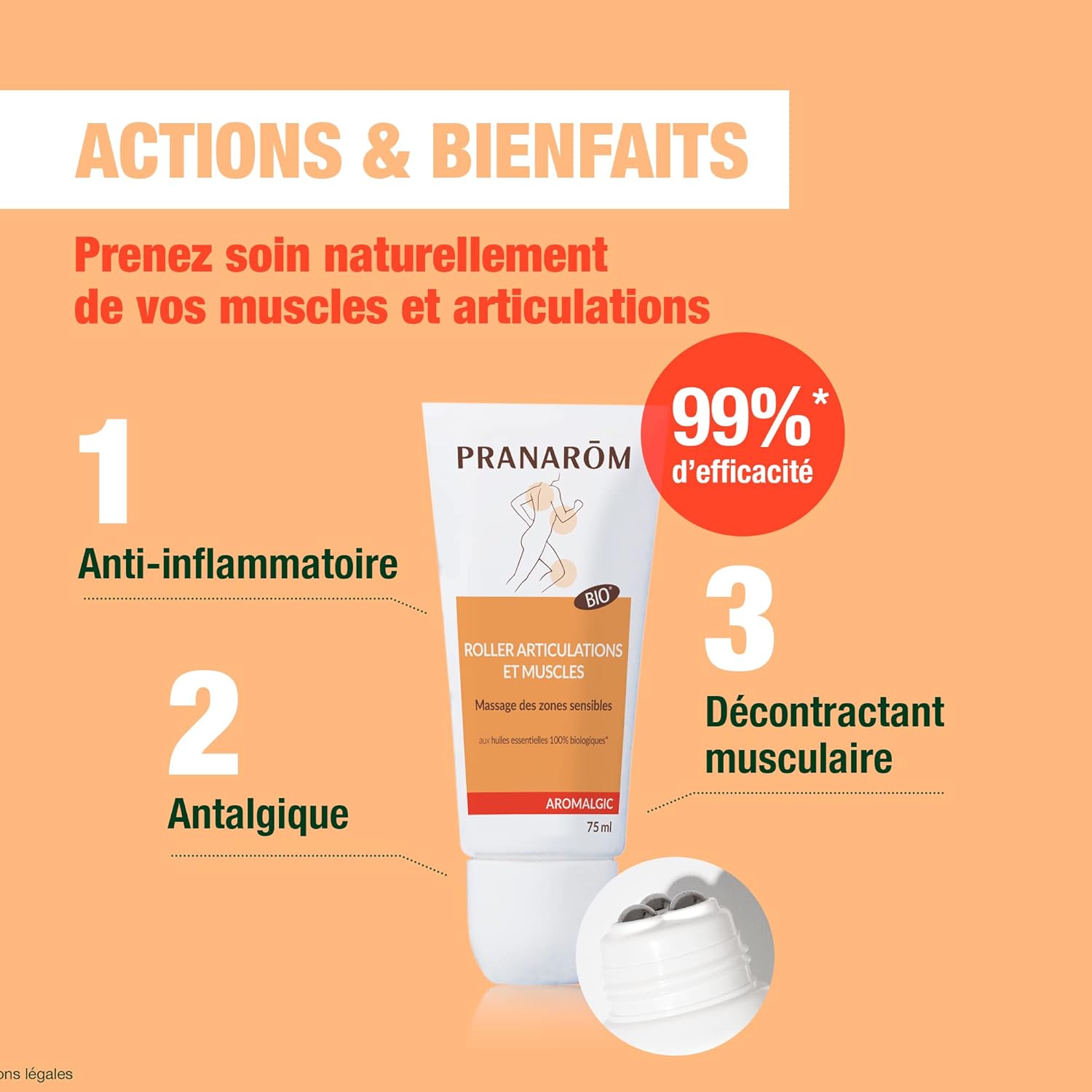 PRANARÔM - Aromalgic - Roller "Articulations & Muscles" - À Base d'Huiles Essentielles Bio HECT - Pour Apaiser Les Tensions Et Raideurs - 75 ml Blanc 1 ml (Lot de 3)