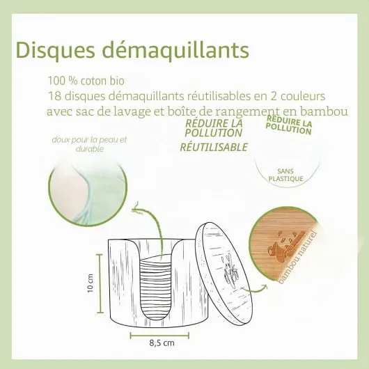 Pandoo Disques De Cotons Réutilisables Et Lavables - En Coton Biologique Démaquillant Respectueux L'Environnement Avec Trousse Toilette Boîte Bambou , 18 Unité (Lot 1)