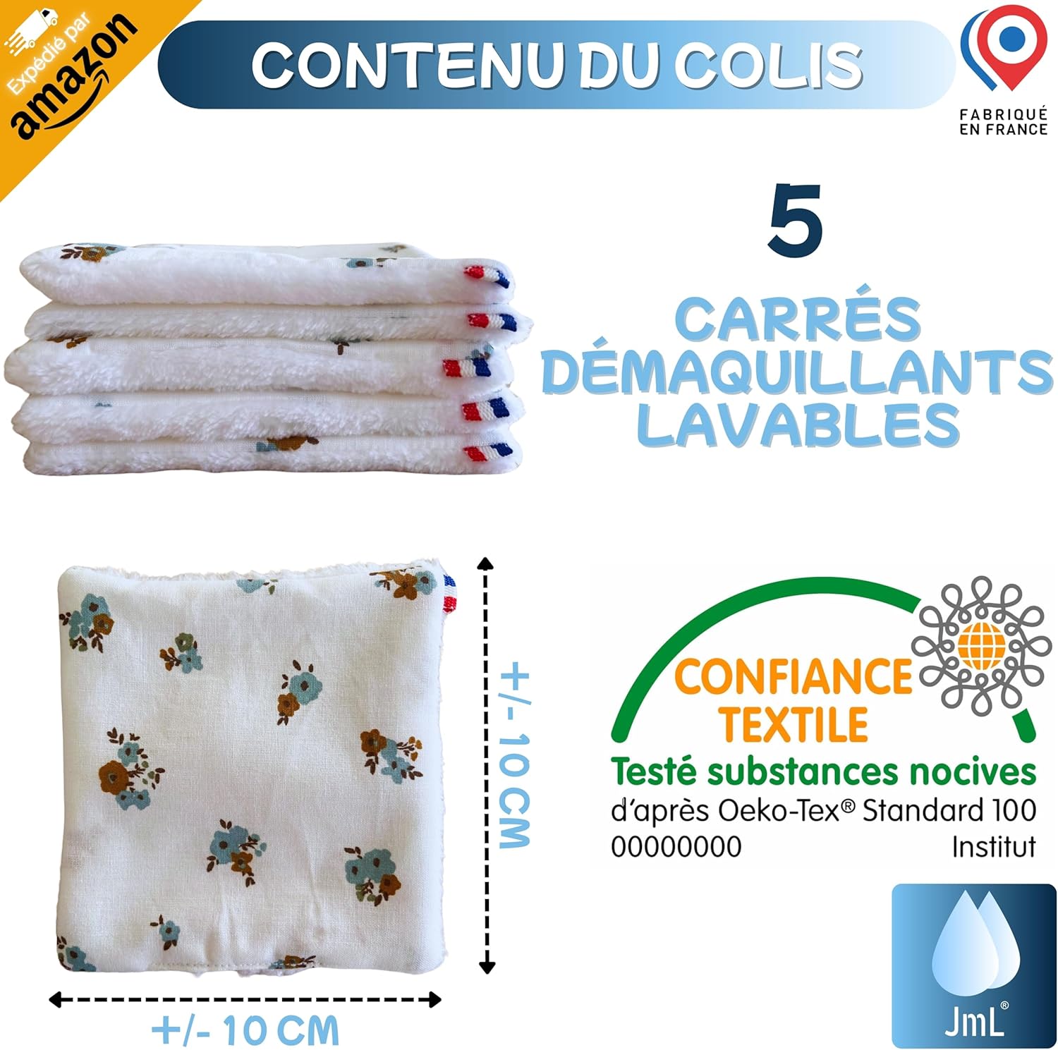 Carrés Démaquillants Lavables, JaMoonLBV JmL® Made in France - Coton Démaquillant Réutilisable Visage Doux, Écologique, Économique - Disques Démaquillants Bambou Épais - Lot Lingettes Démaquillantes Blanc