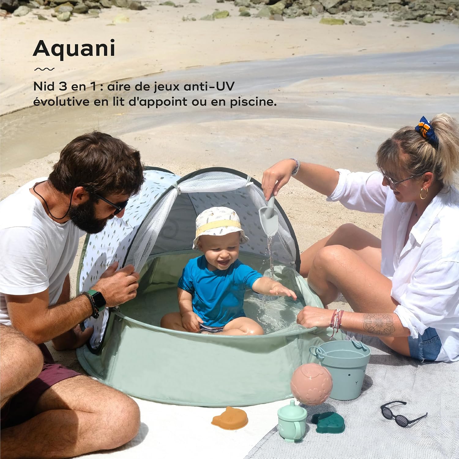 Aquani Provence, 3 en 1 Aire de Jeux, Piscine et Tente Anti-UV FPS 50+ pour bébé, Moustiquaire et Auvent rabattables, Matelas d'éveil & Jouets Inclus, Dès la naissance
