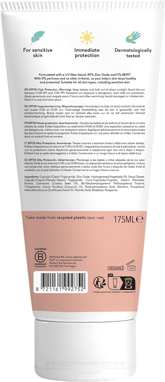 Crème solaire minérale - pour bébé et enfant - 0% de parfum - SPF 50 - Protection UVA et UVB - Résistant à l'eau - Testé dermatologiquement - Sans microplastiques - 175 ml 175 ml (Lot de 1)