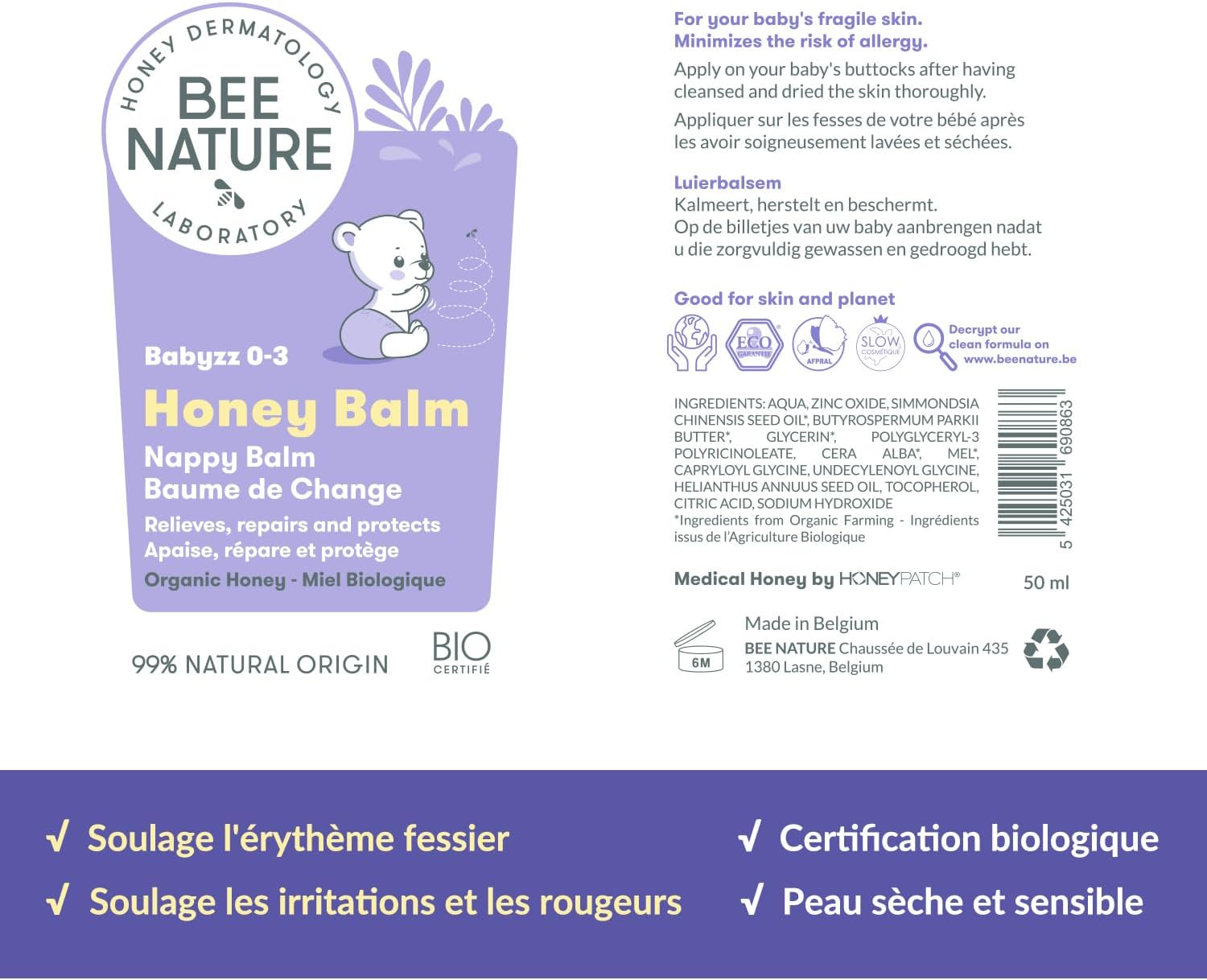 Crème Change Bébé Bio - Soulager l'érythème Fessier, l'irritation et les Rougeurs - 99% Naturelle - YUKA 100/100 - Apaise et Régénère - Baume au Miel de Change - 2 Pièces(2 * 50ml) 100ml