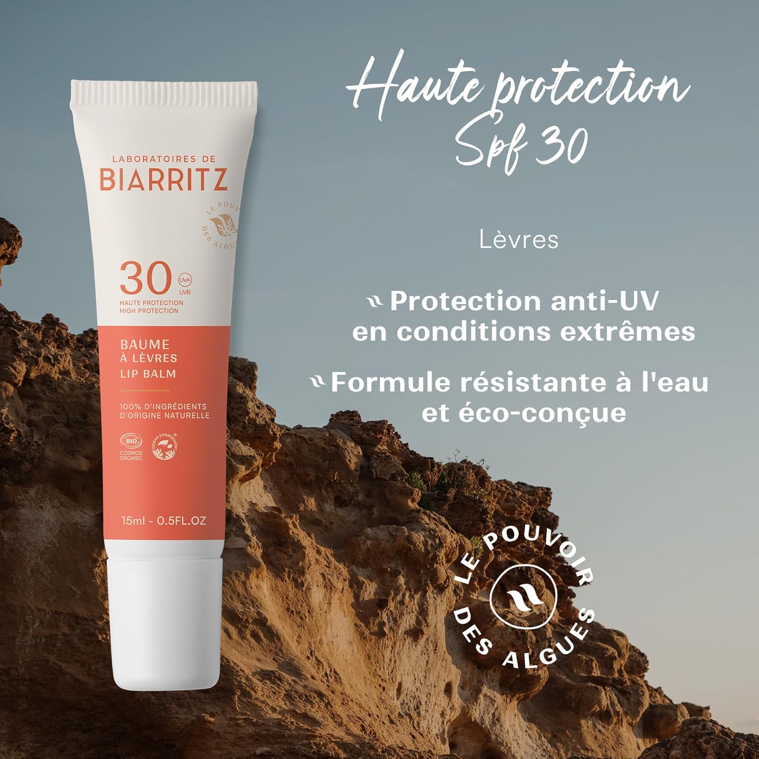 Laboratoires de Biarritz - Baume à lèvres SPF30 - Haute protection - Protège les lèvres sensibles et exposées - Certifié Bio - Fabriqué en France - 15 ml Nouvelle version