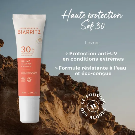 Laboratoires de Biarritz - Baume à lèvres SPF30 - Haute protection - Protège les lèvres sensibles et exposées - Certifié Bio - Fabriqué en France - 15 ml Nouvelle version