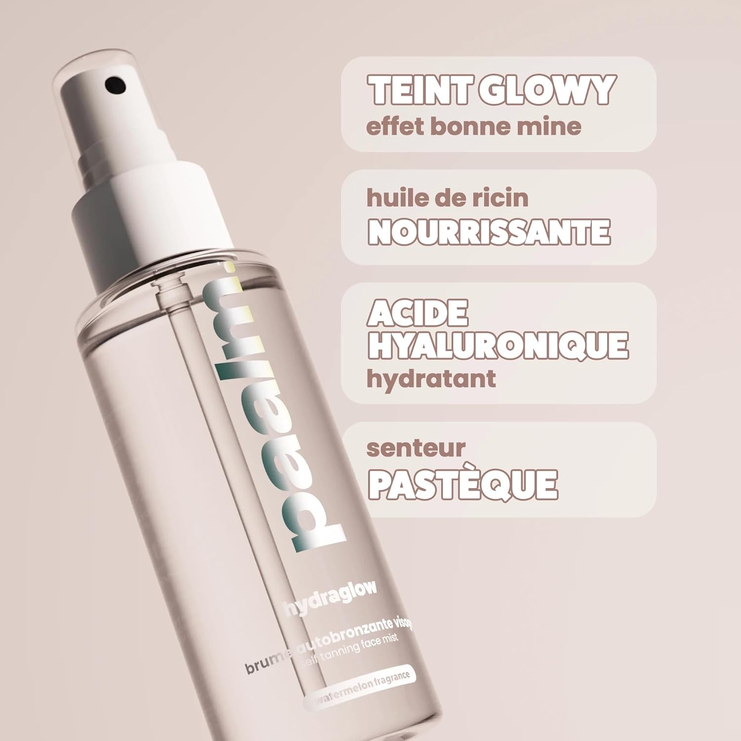 HydraGlow Brume Autobronzante Visage 100 ml Bronzer Sans Soleil Effet Glow Naturel Hydratant avec Acide Hyaluronique et Huile de Ricin Teint Hâlé Uniforme Sans Trace