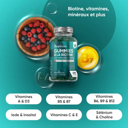 Biotine Gummies Enrichie en Vitamine A, C, B6, B12, Acide Folique, Sélénium - 120 Gommes Végétariennes au Goût de Baies Mélanges, Selon l'EFSA, la Biotine Contribue au Maintien d'une Peau Normale