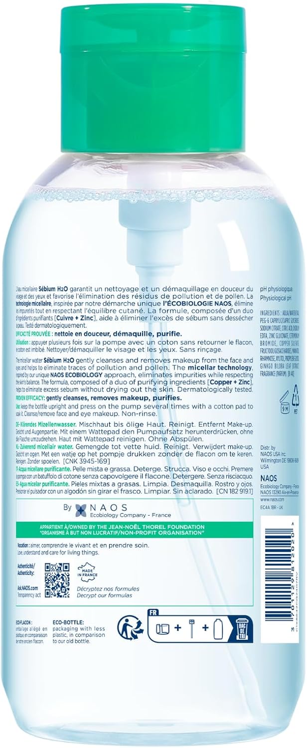 BIODERMA Sébium H2O – Eau micellaire dermatologique – Nettoie, démaquille et purifie – Limite la sécrétion de sébum – Peaux mixtes à grasses – Prescrite par des dermatologues – Flacon 500 ml