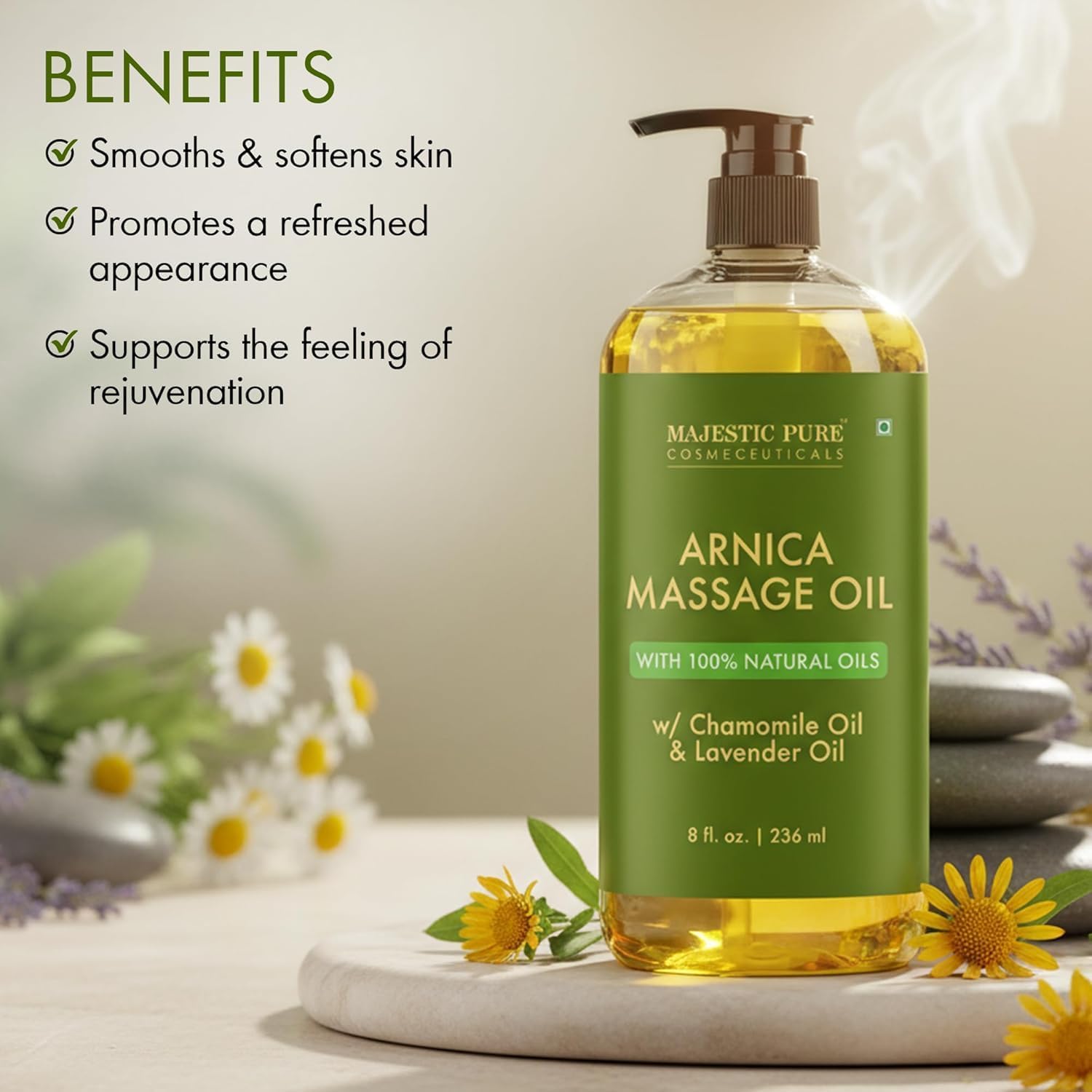 MAJESTIC PURE Huile de massage à l'arnica - Pour la massothérapie - Huiles naturelles rafraîchissantes et relaxantes aux huiles essentielles de lavande et de camomille - 236 ml Arnica 236 ml (Lot de 1)