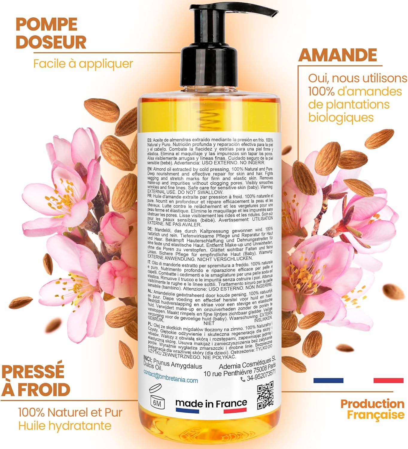 Huile d'Amandes Douces Pressée à Froid, Prévention Vergetures Grossesse - Hydratant Peau Sèche - Démaquillant Naturel - Soin Cheveux - Orangée, 2000 ml Huile d'amande douce 100% pure - Sans parfum - 2 l (Lot de 1)