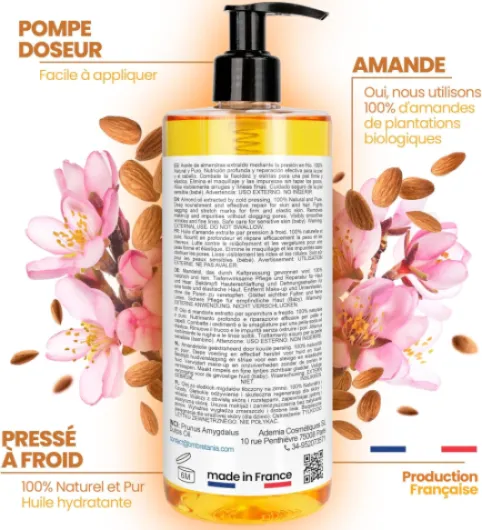 Huile d'Amandes Douces Pressée à Froid, Prévention Vergetures Grossesse - Hydratant Peau Sèche - Démaquillant Naturel - Soin Cheveux - Orangée, 2000 ml Huile d'amande douce 100% pure - Sans parfum - 2 l (Lot de 1)