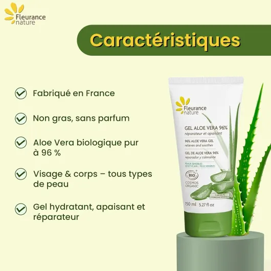 Triplo Fleurance Nature Gel Aloe Vera 96% Pur Bio- 150ml cosmetique certifié Bio Cosmos Ecocert Gel aloe vera hydratant, reparateur, apaisant - Soin visage et corps Bio-Made in France- 24204(3 unités)