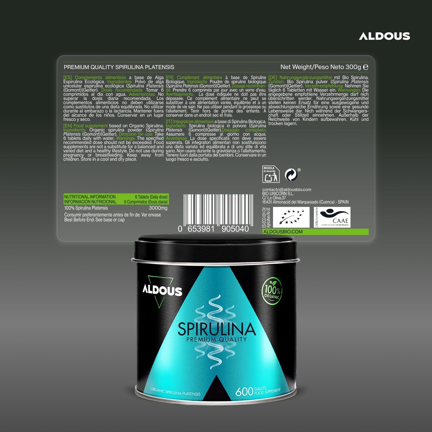 Spiruline Bio Comprimés - 600 Comprimés - Dose 3000mg - Detox - Riche en Phycocyanine & en Protéines - Complement Alimentaire Fatigue & Immunité Adulte - Minéraux & Vitamines - Sans Plastique 600 unité (Lot de 1)