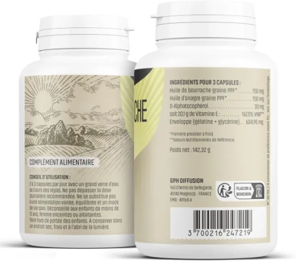 Herbes Et Plantes Onagre/Bourrache 200 Capsules 500 mg - L'emballage peut varier