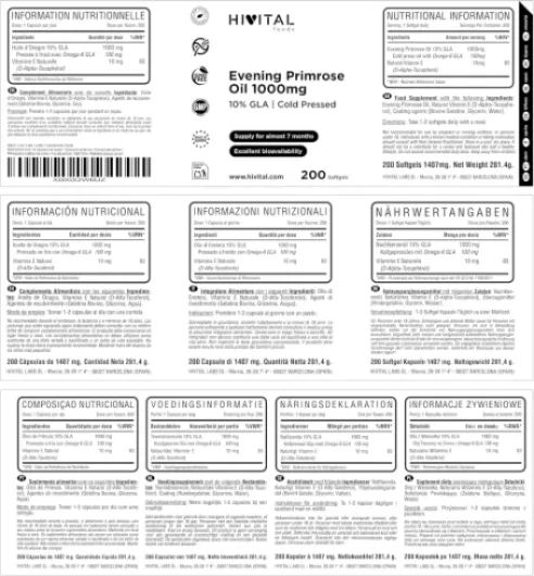 Huile d'Onagre 1000 mg avec 10% Oméga 6 GLA - 200 perles d'huile naturelle pressée à froid - Pour plus de 6 mois de traitement - Contient 10% de GLA et de vitamine E - Fabriqué en Europe par HIVITAL
