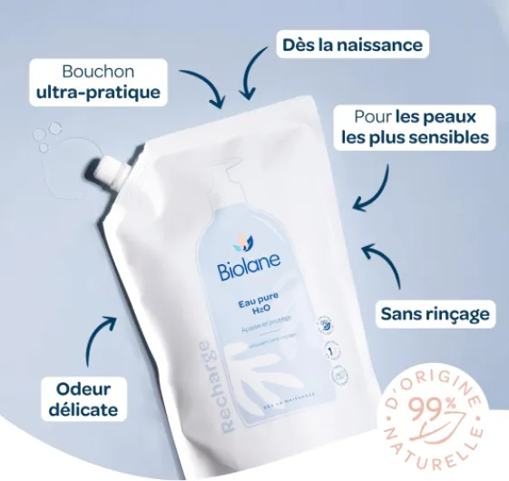 Eco Recharge Eau Pure H2O Bébé - Nettoie et protège - 750ml - Visage, Corps et Siège, Sans rinçage, 99% d'Origine Naturelle, Dès la naissance, Fabriqué en France Bleu 750 ml (Lot de 1)