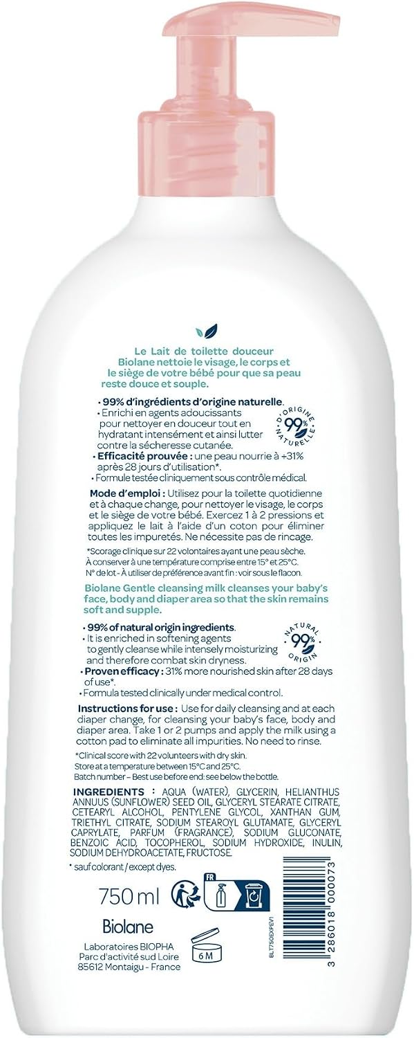 Lait de toilette 750ml - Bébé - Nettoie Visage, Corps et Siège - Sans Rinçage - Doux et Apaisant - 99% d'origine naturelle - Fabriqué en France Lait de toilette 750ml 750 ml (Lot de 3)