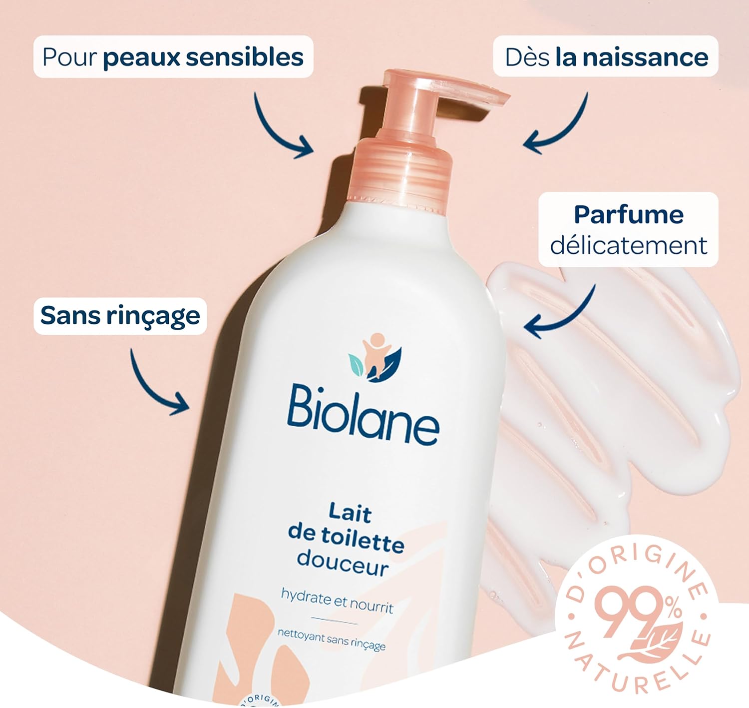 Lait de toilette Bébé - Nettoie et protège - 750ml - Nettoie sans rinçage, Doux et Apaisant, Peaux Sensibles, 99% d'Origine Naturelle, Dès la naissance, Fabriqué en France Lait de toilette 750ml 750 ml (Lot de 1)