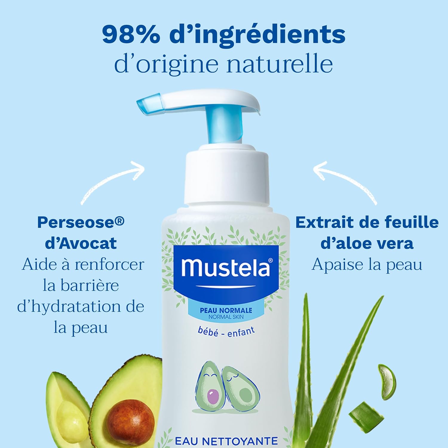 Mustela Eau Nettoyante Bébé Sans Rinçage à l'Avocat BIO 300ml - Eau pure pour nettoyer et hydrater visage et siège dès la naissance, formule haute tolérance à l'avocat bio pour peau normale 300 ml