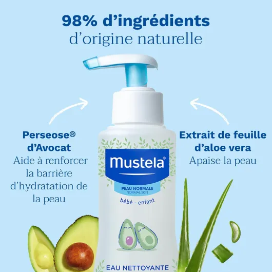 Mustela Eau Nettoyante Bébé Sans Rinçage à l'Avocat BIO 300ml - Eau pure pour nettoyer et hydrater visage et siège dès la naissance, formule haute tolérance à l'avocat bio pour peau normale 300 ml