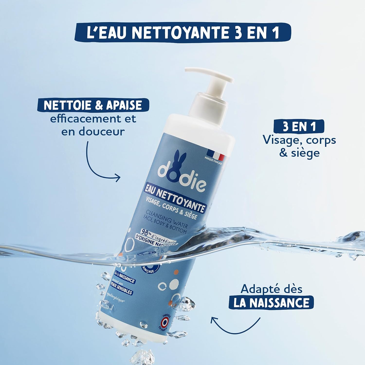 Eau nettoyante 3 en 1 (500 mL) - Nettoyant Visage, Corps et Siège – 98% d’ingrédients d’origine naturelle, Hypoallergénique - Dès la naissance Avec parfum 1 unité (Lot de 1)