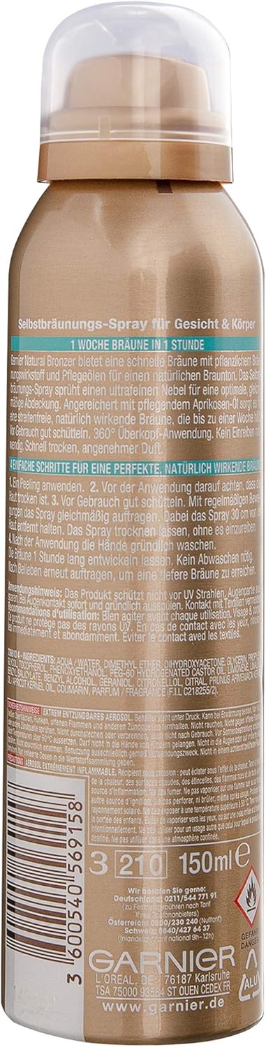 Ambre Solaire Spray autobronzant avec huile de noyau d'abricot, accélérateur de bronzage doré, 150 ml, Tous teints 150 ml (Lot de 1)