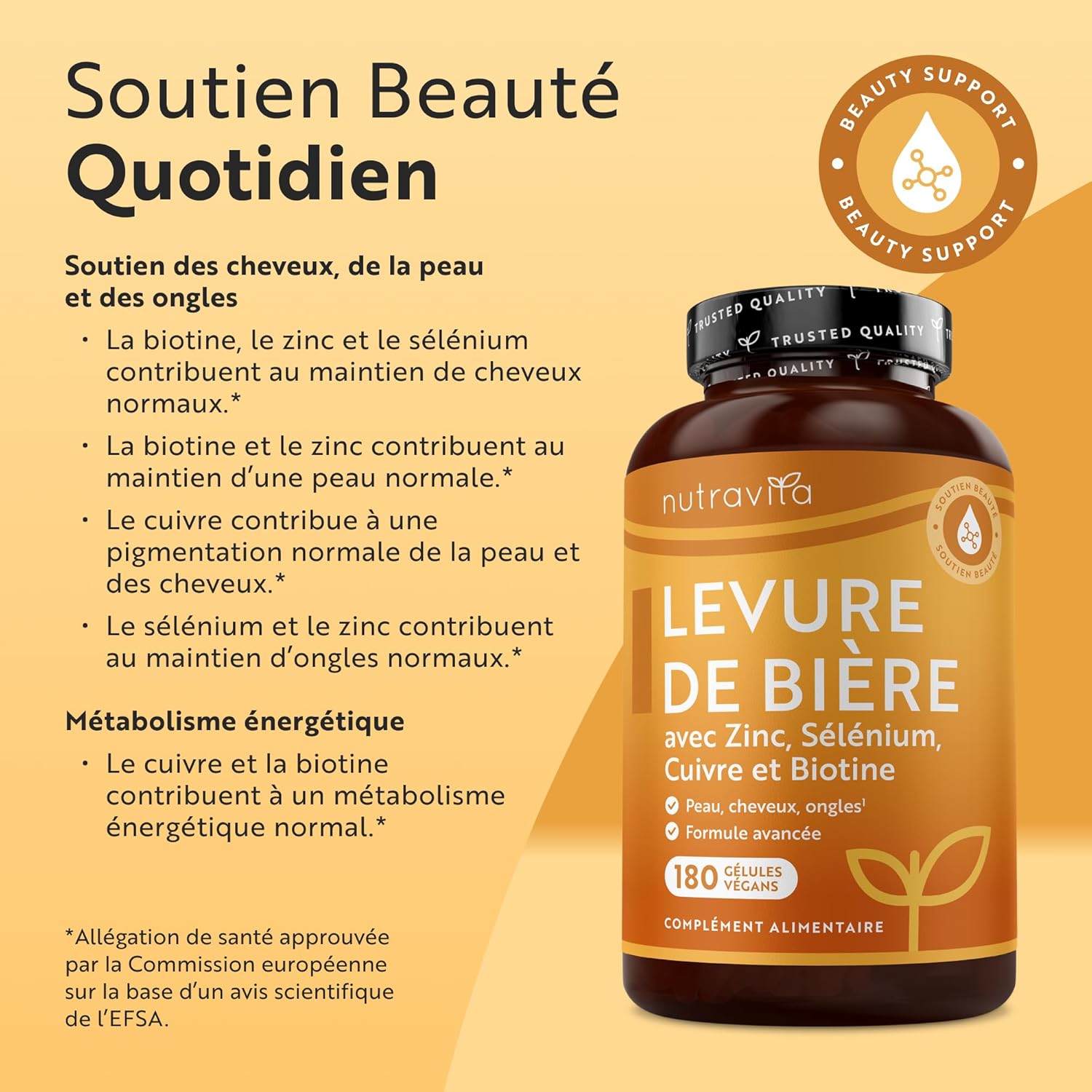 Levure de Bière avec Zinc, Selenium, Cuivre et Biotine - 180 Gélules Végétales - Levure de Biere Cheveux, Peau et Ongles - Maintien d'un Système Immunitaire Normal
